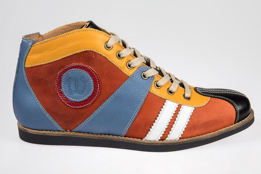"The Racer" Retro Leder Sneaker hellblau-orange-rot-gelb-schwarz-weiß
