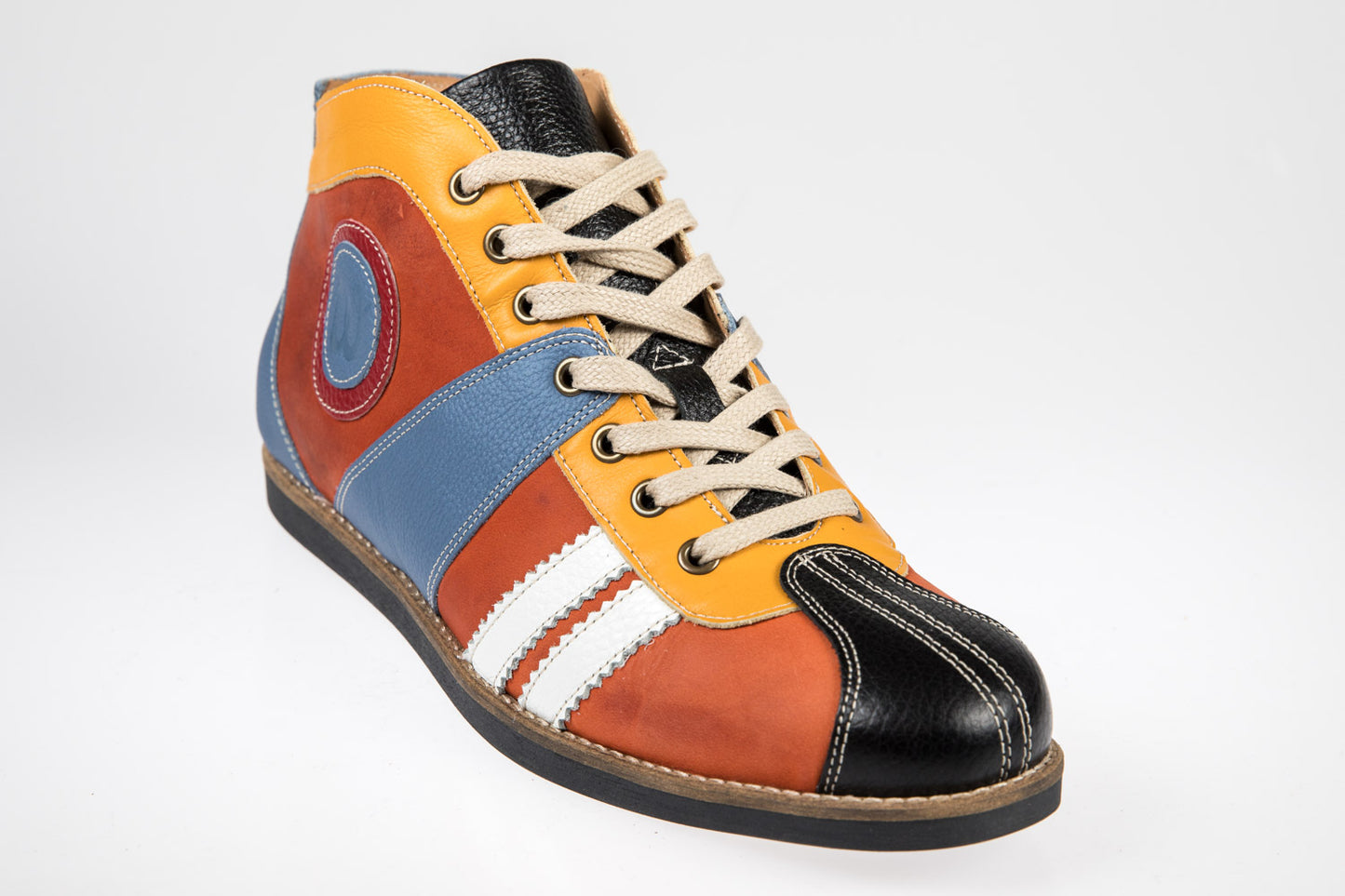 "The Racer" Retro Leder Sneaker hellblau-orange-rot-gelb-schwarz-weiß