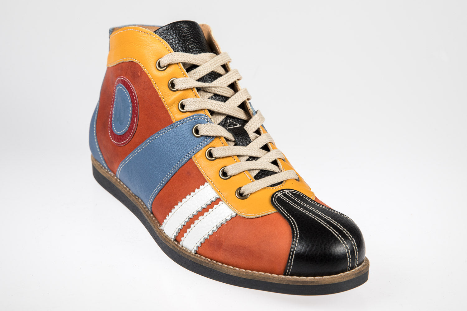 "The Racer" Retro Leder Sneaker hellblau-orange-rot-gelb-schwarz-weiß