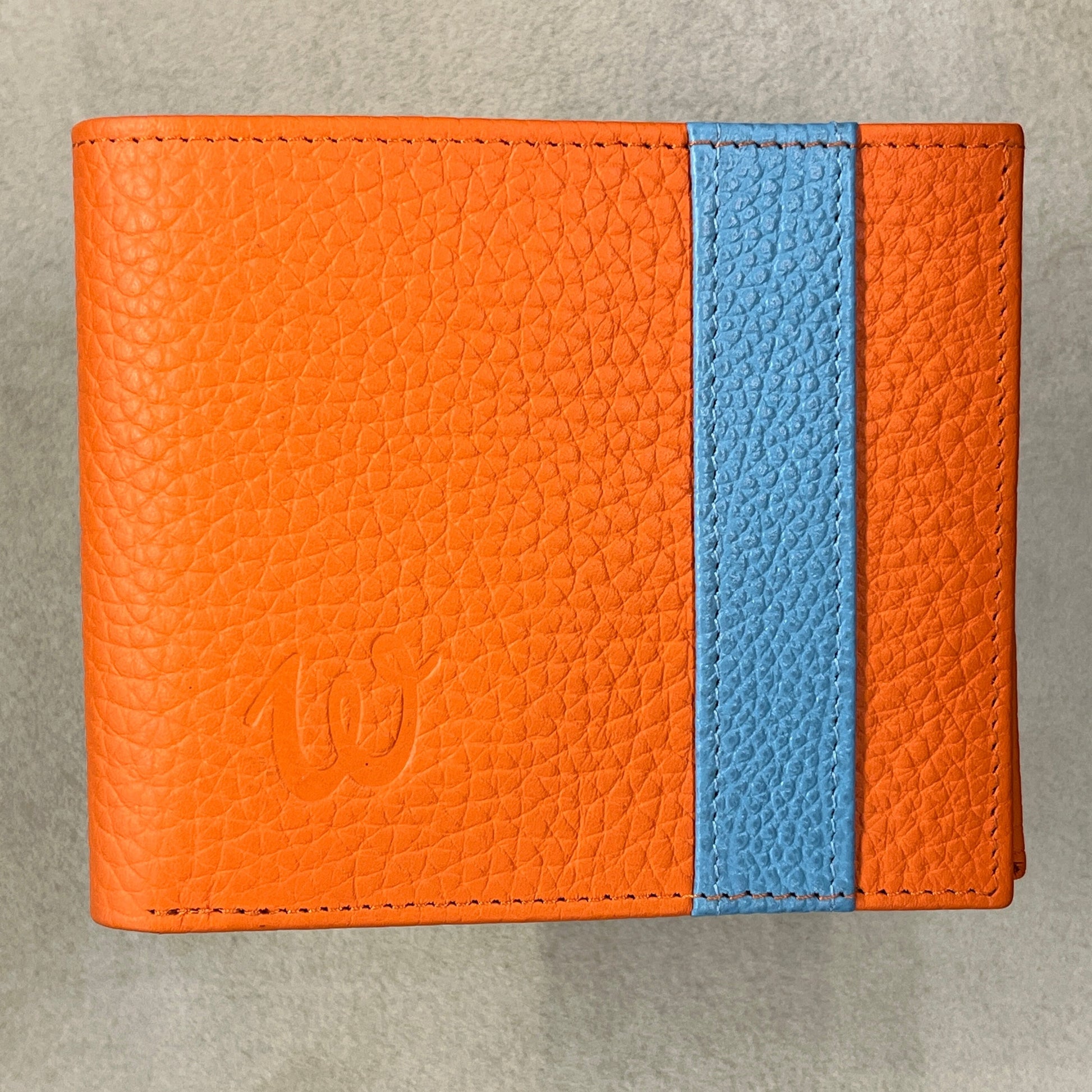 Handgemachte Geldbörse in orange und hellblau, hergestellt von R.Horns Wien.
