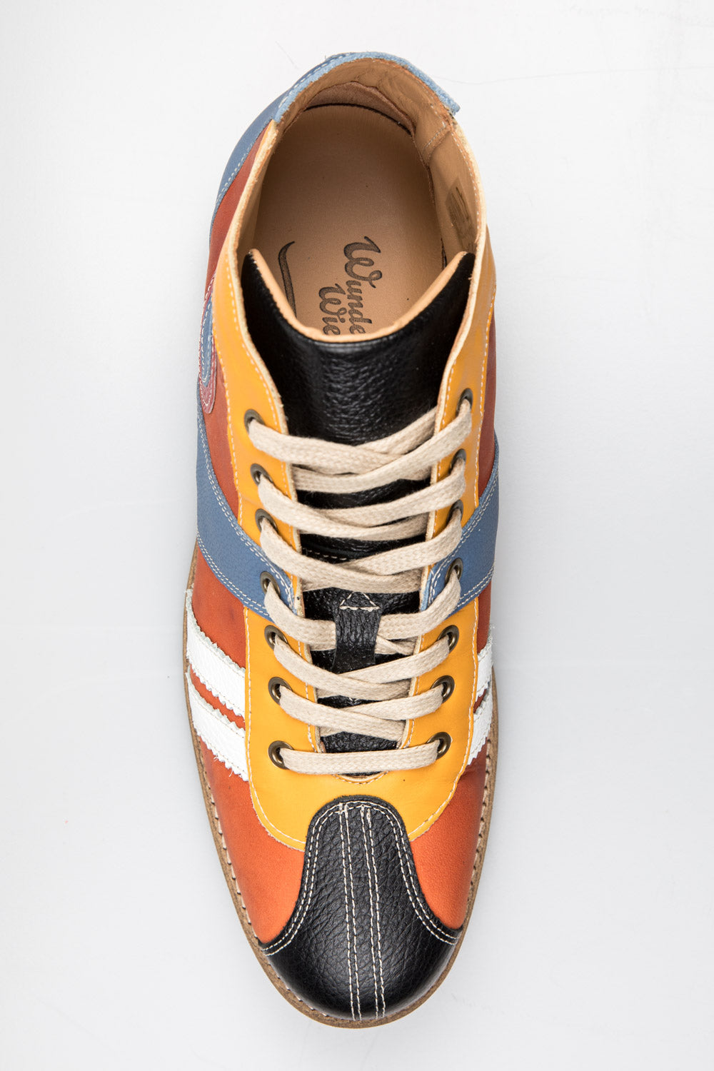 "The Racer" Retro Leder Sneaker hellblau-orange-rot-gelb-schwarz-weiß